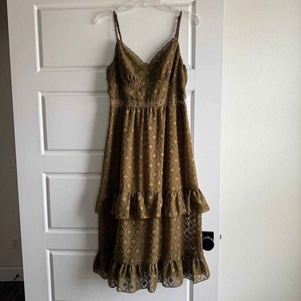 Max + Ash Olive Green Ruffle Midi Babydoll Dress